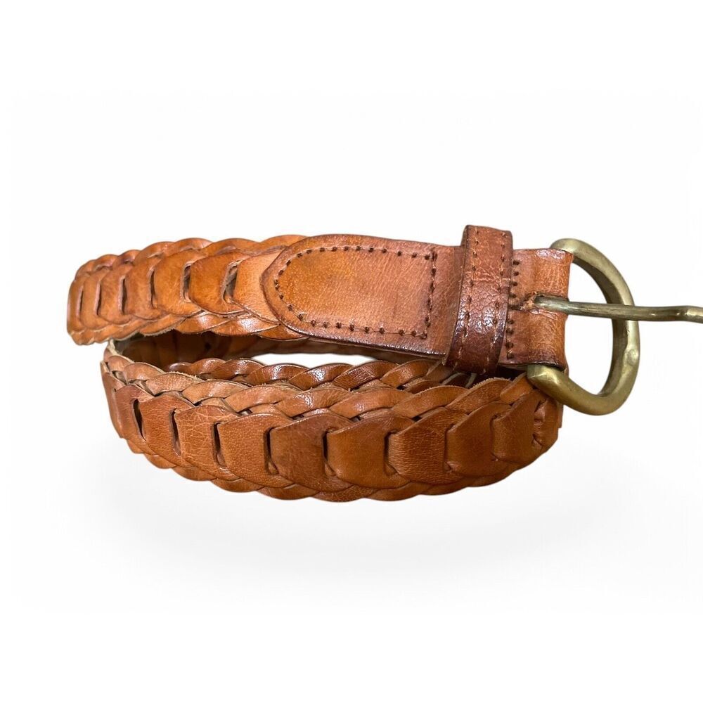 Unisex Belt Brown Genuine Leather 34 Inch Brass Buckle Good Condition